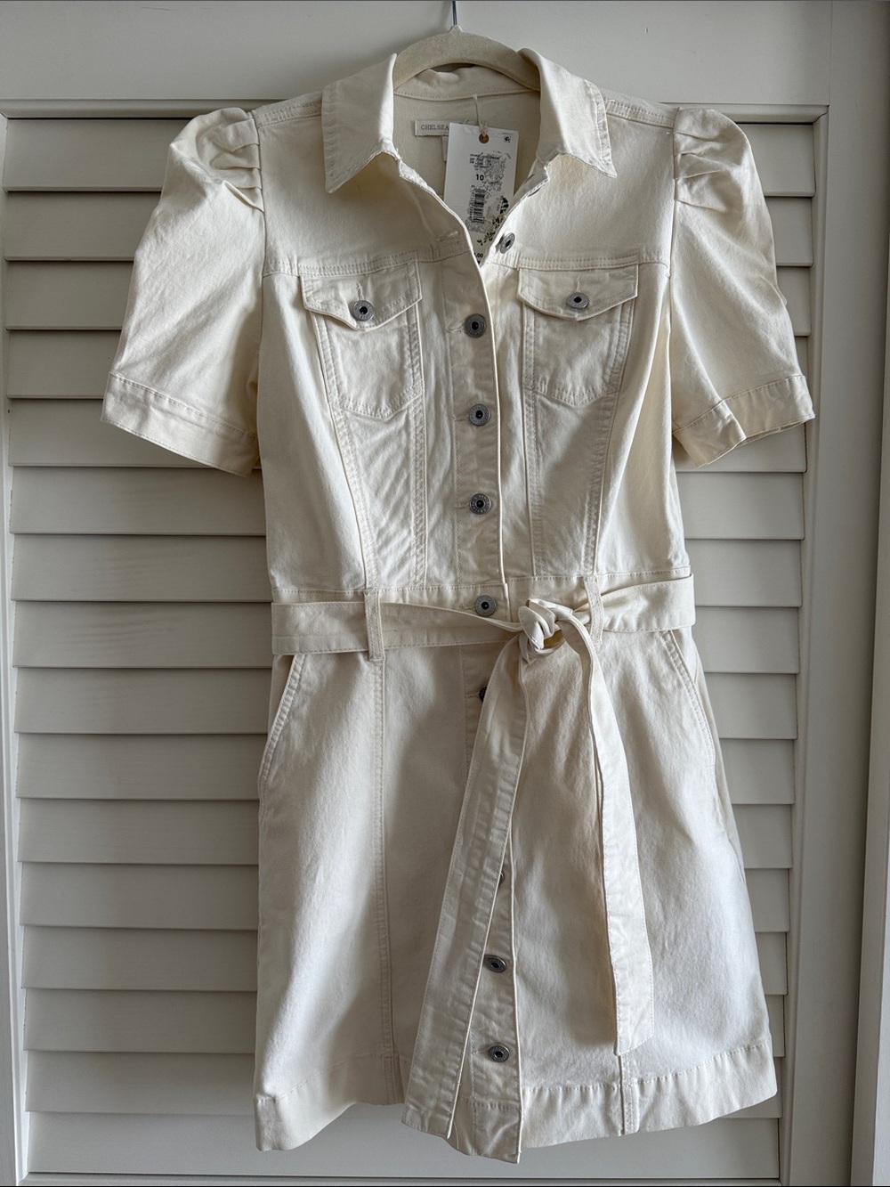 Chelsea & Violet Cream Denim Button-Front Short Sleeve Belted Shirt Dress